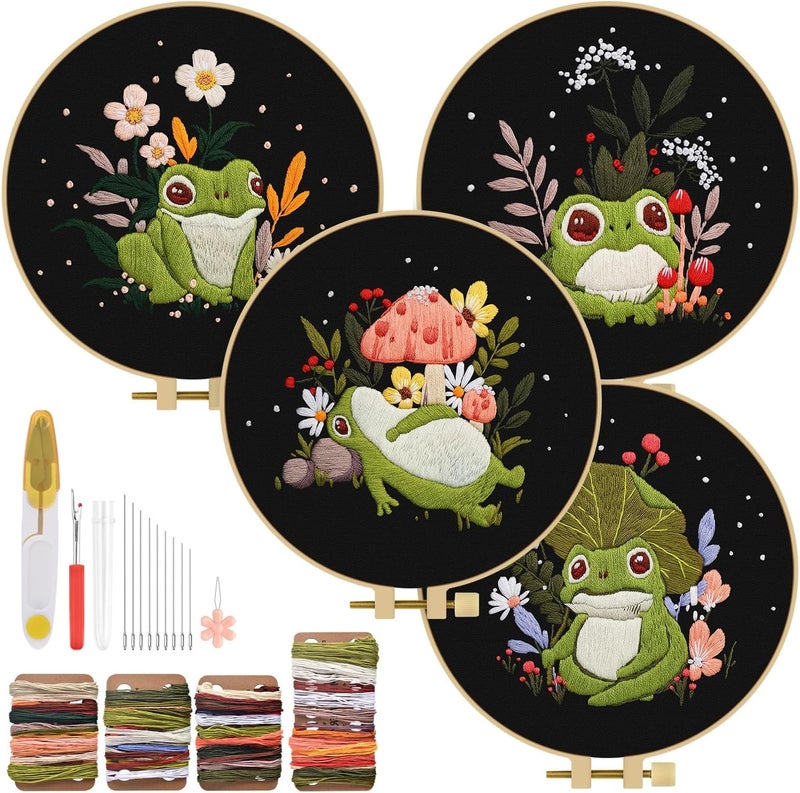 TINDTOP 4 Pack Embroidery Kit for Adult, Embroidery DIY Starter Kit, with Stamped Patterns, Hoop, Tools, Colorful Threads with Needles, Instructions - Image 1